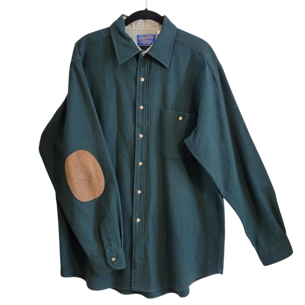 Pendleton Pure Virgin Wool Green Button-up Shirt Shacket Elbow Patches Mens L